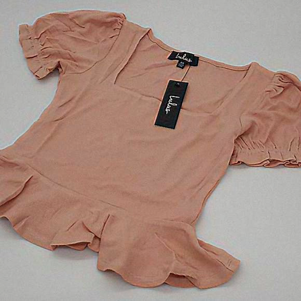 Lulu's Pep Squad Ribbed Puff Sleeve Peplum Top Blush XS